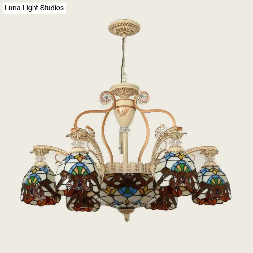 Mediterranean Brown Pendant Chandelier with Flower Stained Glass Shade - 8/11 Lights for Living Room Ceiling