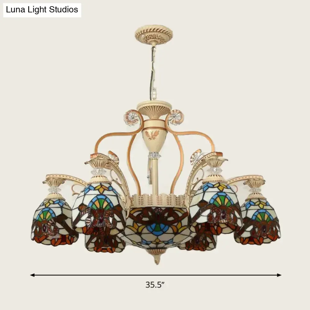 Mediterranean Brown Pendant Chandelier with Flower Stained Glass Shade - 8/11 Lights for Living Room Ceiling