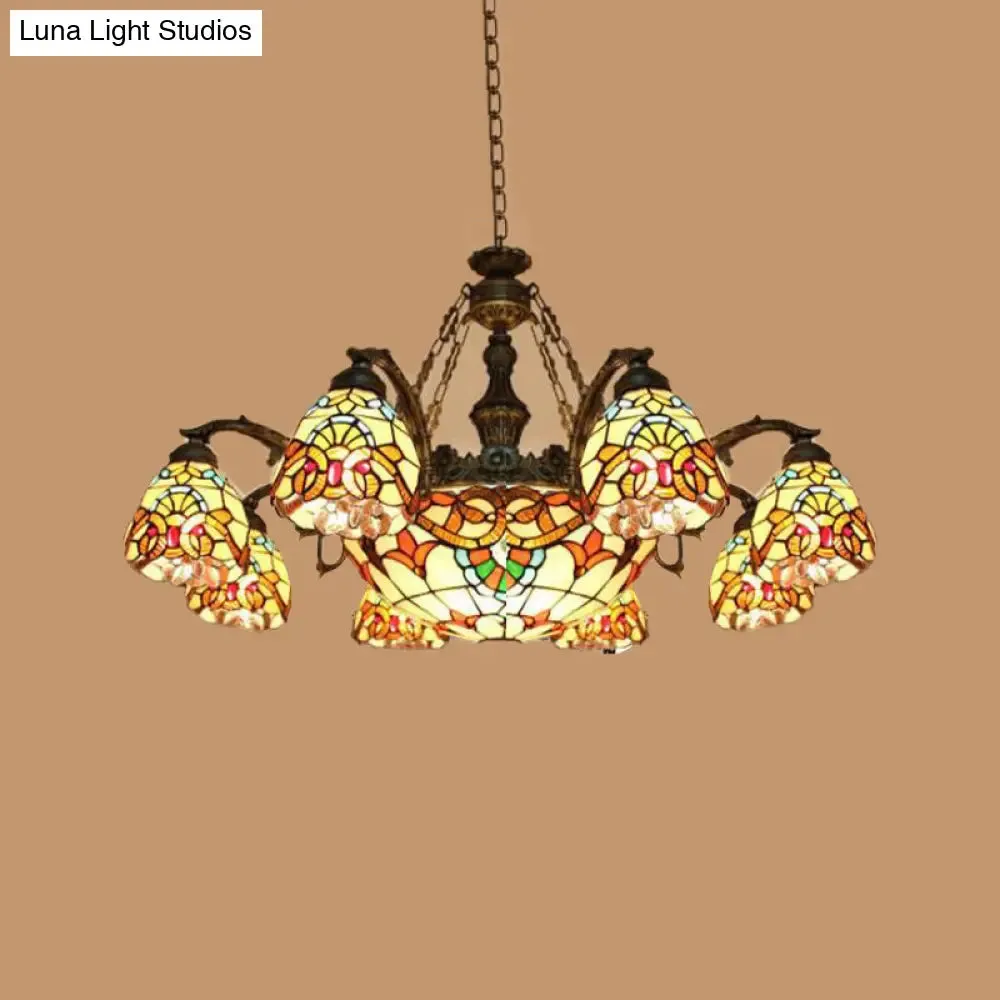 Mediterranean Brown Pendant Chandelier with Flower Stained Glass Shade - 8/11 Lights for Living Room Ceiling