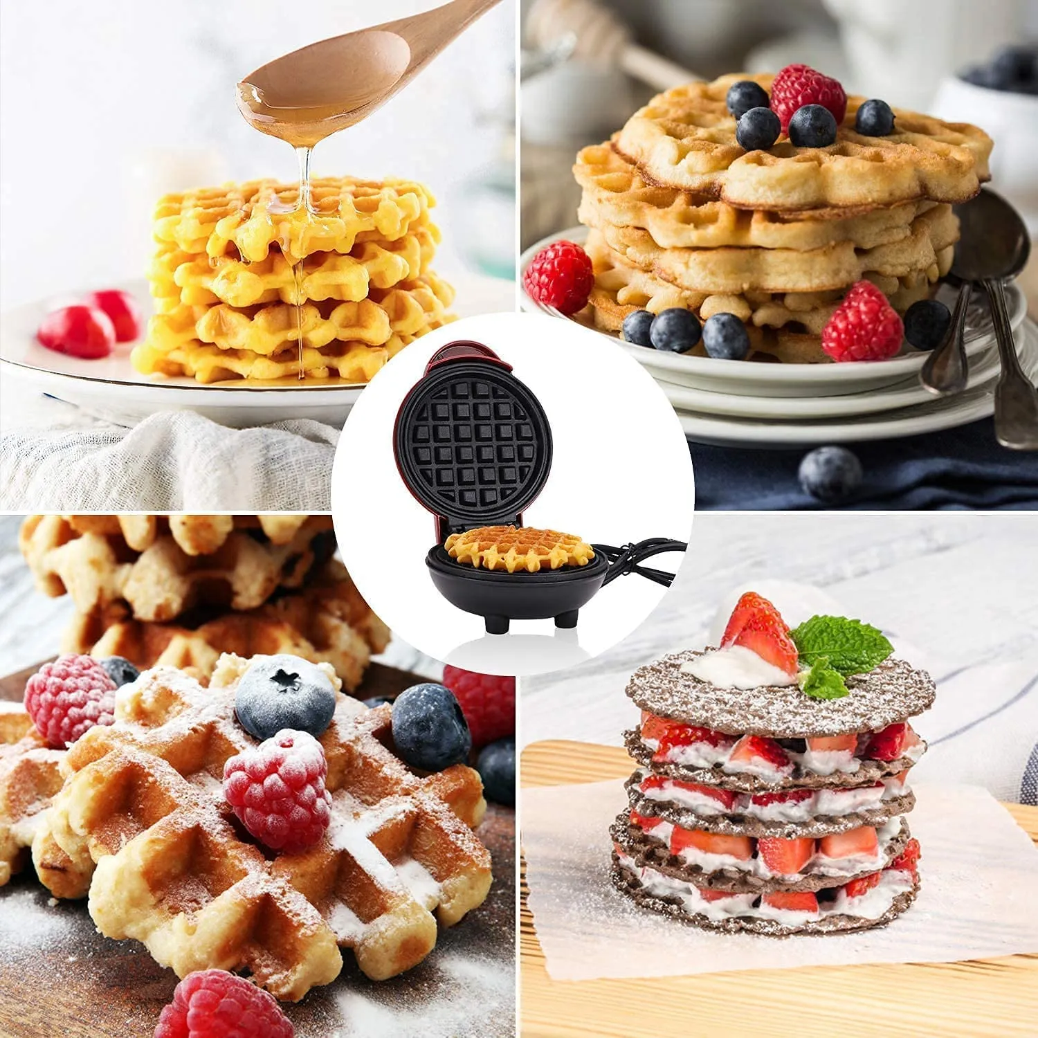 Mini Waffle Maker 4 Inch- 350 Watts: Stainless Steel Non-Stick Electric Iron Machine for Individual Belgian Waffles, Pan Cakes, Paninis or Other Snacks, (Mini Waffle Maker   Waffles Recipe Book)