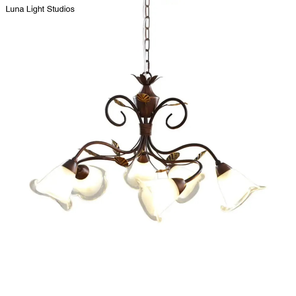 Modern 6-Light Bedroom Chandelier: Red Brown Pendant Light with Frosted Flower Glass Shade