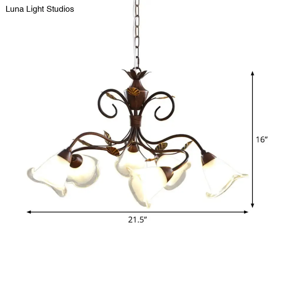 Modern 6-Light Bedroom Chandelier: Red Brown Pendant Light with Frosted Flower Glass Shade