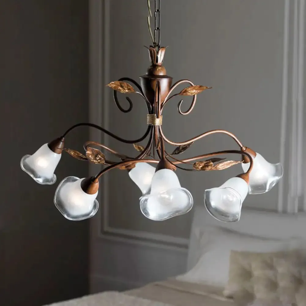 Modern 6-Light Bedroom Chandelier: Red Brown Pendant Light with Frosted Flower Glass Shade