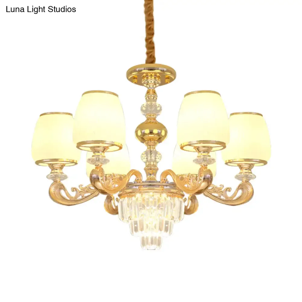 Modern Carved Arm Bedroom Chandelier: Milk Glass, 6 Bulbs, Gold Crystal Hanging Light