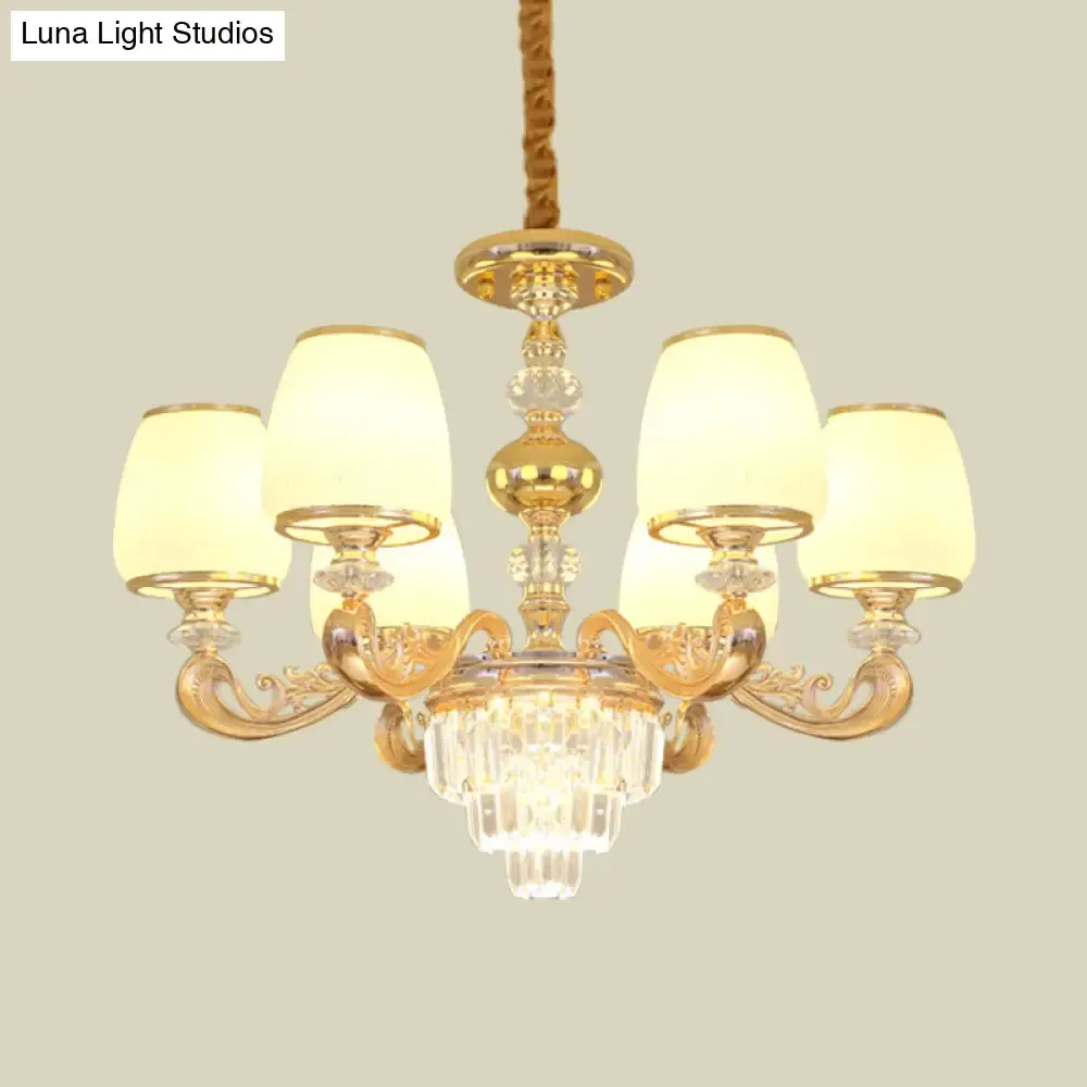 Modern Carved Arm Bedroom Chandelier: Milk Glass, 6 Bulbs, Gold Crystal Hanging Light