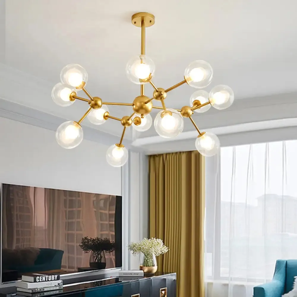 Modern Clear Glass Bubble Chandelier with Starburst Design - 9/12/15 Lights Hanging Light Fixture in Black/Gold