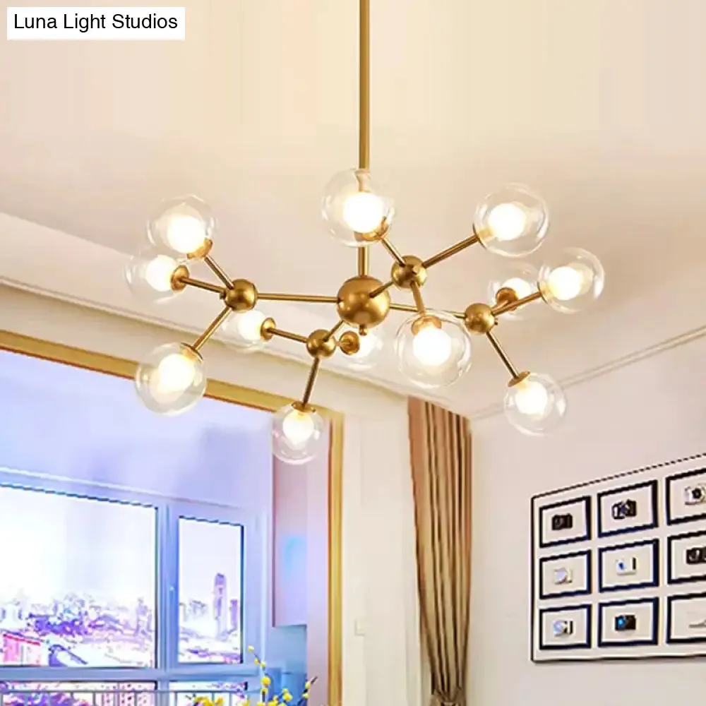 Modern Clear Glass Bubble Chandelier with Starburst Design - 9/12/15 Lights Hanging Light Fixture in Black/Gold