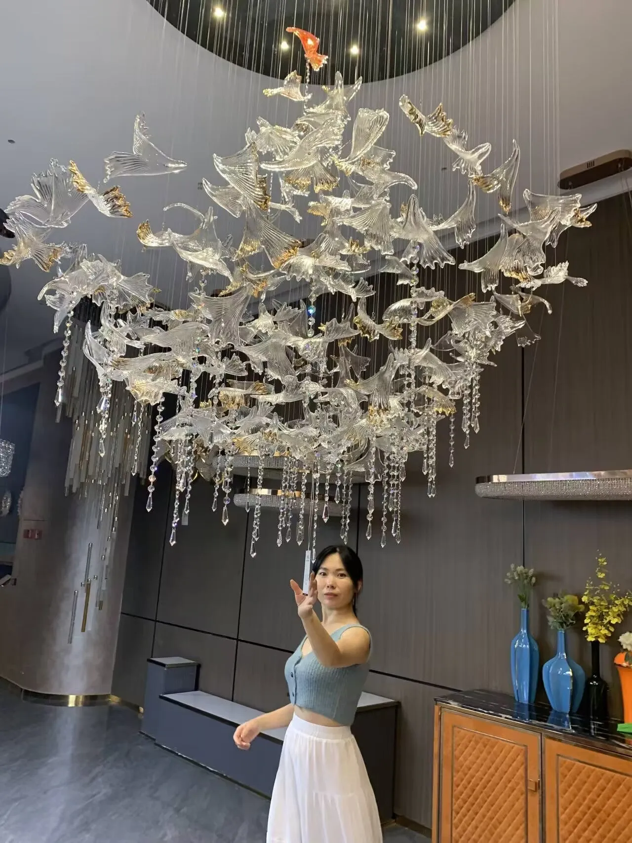 Modern Floating Maple Leaves Raindrop Crystal Chandelier