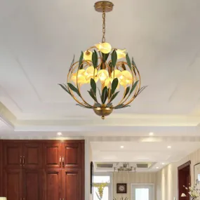 Modern Floral Chandelier: Countryside Brass LED Pendant Light Fixture, 15-Bulb Metal Design for Living Room