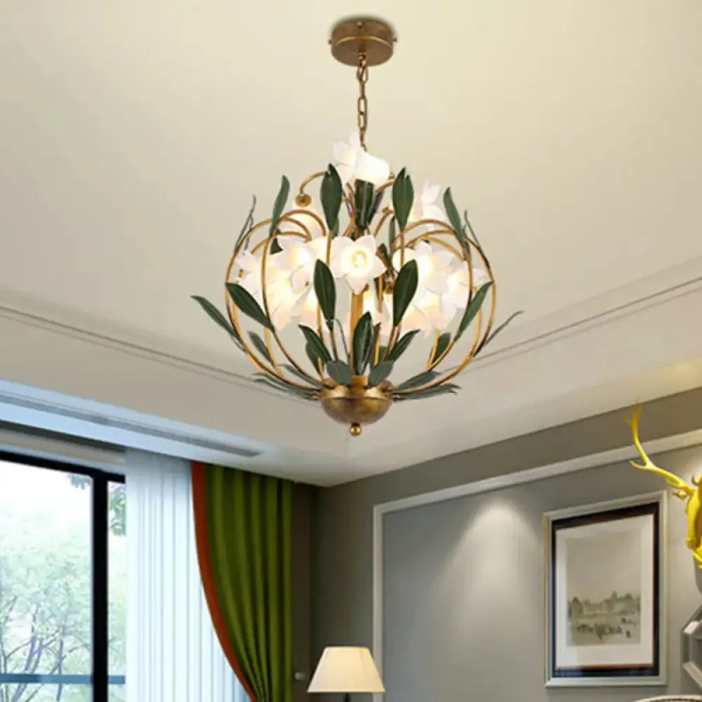 Modern Floral Chandelier: Countryside Brass LED Pendant Light Fixture, 15-Bulb Metal Design for Living Room