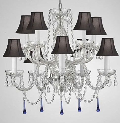 Murano Venetian Style All Crystal Chandelier Lighting W/ Blue Crystals H 25" X W 24" With Black Shade - G46-Sc/Blackshade/B33/1122/5 5