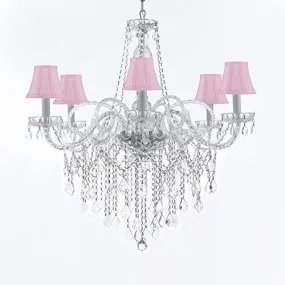 Murano Venetian Style All-Crystal Chandelier With Pink Shades H38" X W32" - G46-Sc/Pinkshades/B12/B67/385/6