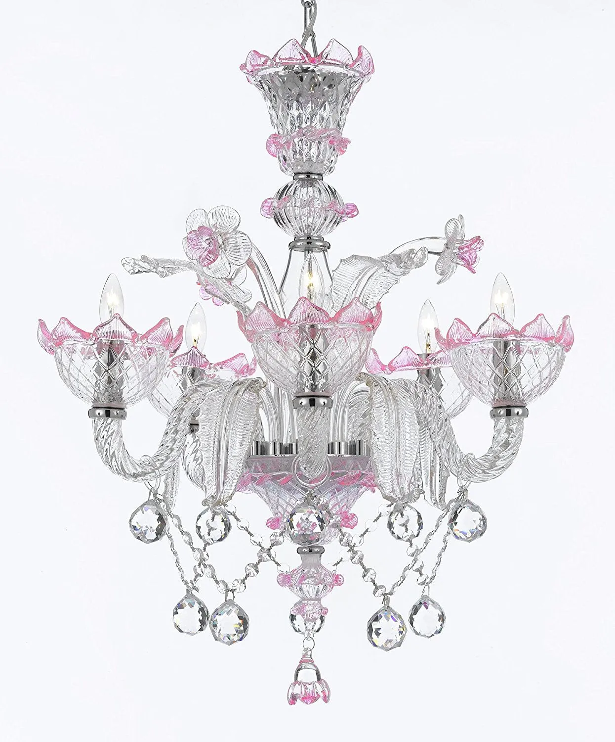 Pink Hand Blown Murano Venetian Style All Crystal Ball Chandelier Chandeliers Lighting Great for Dining Room!Close out - Limited Availability - GB104-B61/PINK/700/5