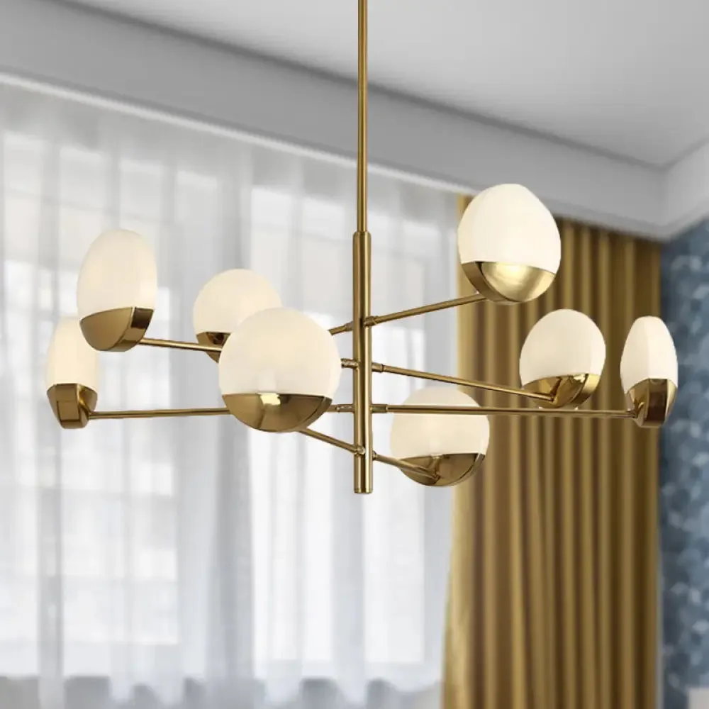 Postmodern Gold Sputnik Chandelier - Metallic 6/8/10-Head Hanging Lamp with Round White Glass Shade