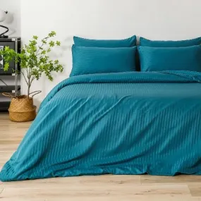 Premium 6 Piece King Size Duvet Cover Satin Stripe Solid Ocean Blue.