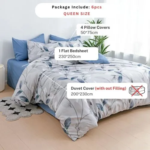 Queen size 6 piece duvet cover set contemporary leaf print bedding set, grey.