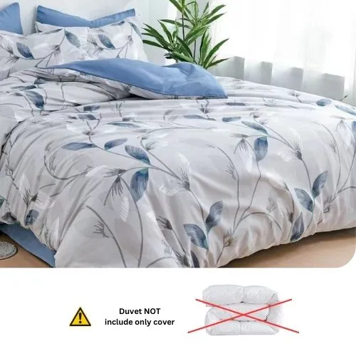 Queen size 6 piece duvet cover set contemporary leaf print bedding set, grey.