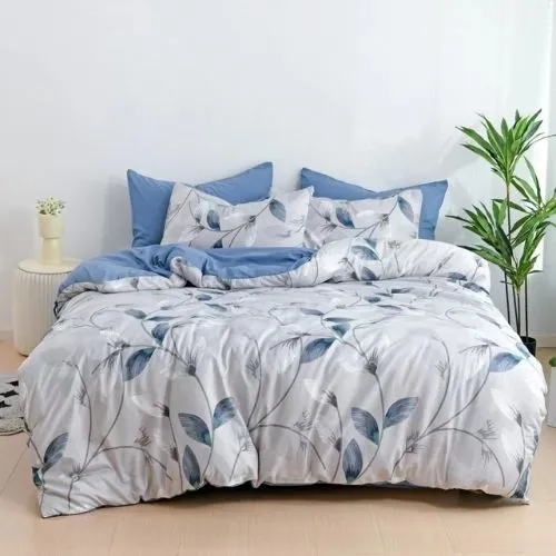 Queen size 6 piece duvet cover set contemporary leaf print bedding set, grey.