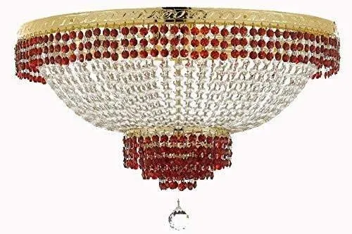 Set of 2-1 Moroccan Style French Empire Crystal Chandelier Lighting Trimmed w/Ruby Red Crystal! H30" X W24" & 1 Flush French Empire Crystal Chandelier Lighting Trimmed w/Ruby Red Crystal! H18" X W24 - B74/CG/870/9   B74/CG/FLUSH/870/9