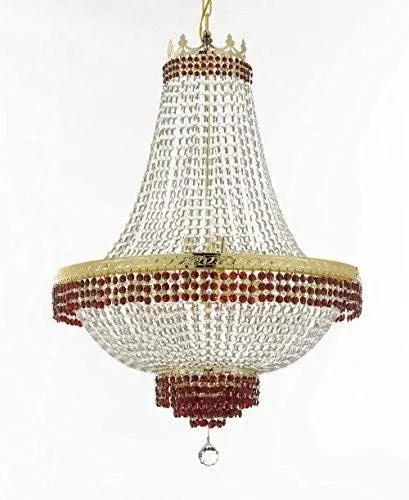 Set of 2-1 Moroccan Style French Empire Crystal Chandelier Lighting Trimmed w/Ruby Red Crystal! H30" X W24" & 1 Flush French Empire Crystal Chandelier Lighting Trimmed w/Ruby Red Crystal! H18" X W24 - B74/CG/870/9   B74/CG/FLUSH/870/9