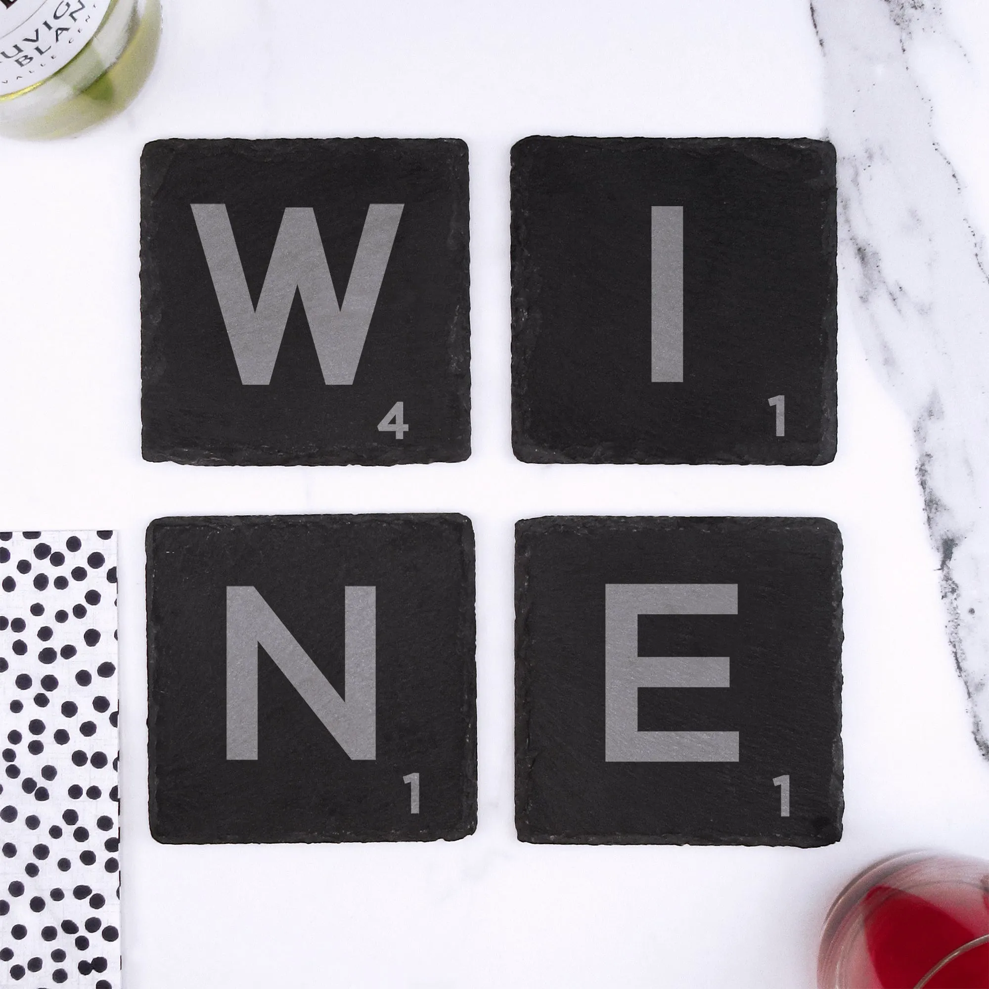 Set of 4 Square Slate "WINE" Scrabble Letter Tile Alphabet Drinks Coasters