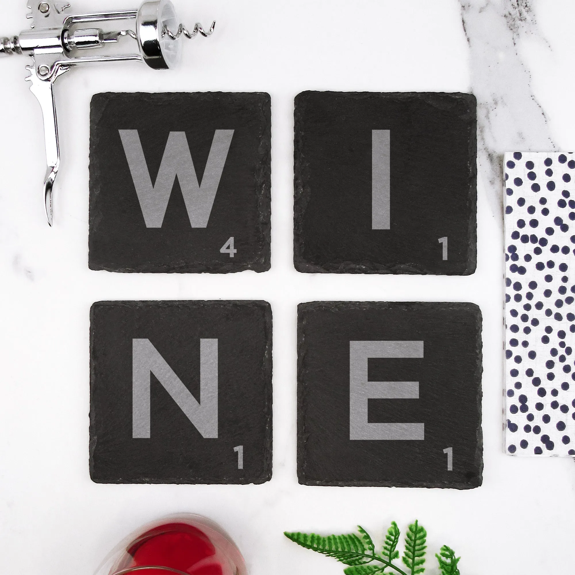 Set of 4 Square Slate "WINE" Scrabble Letter Tile Alphabet Drinks Coasters