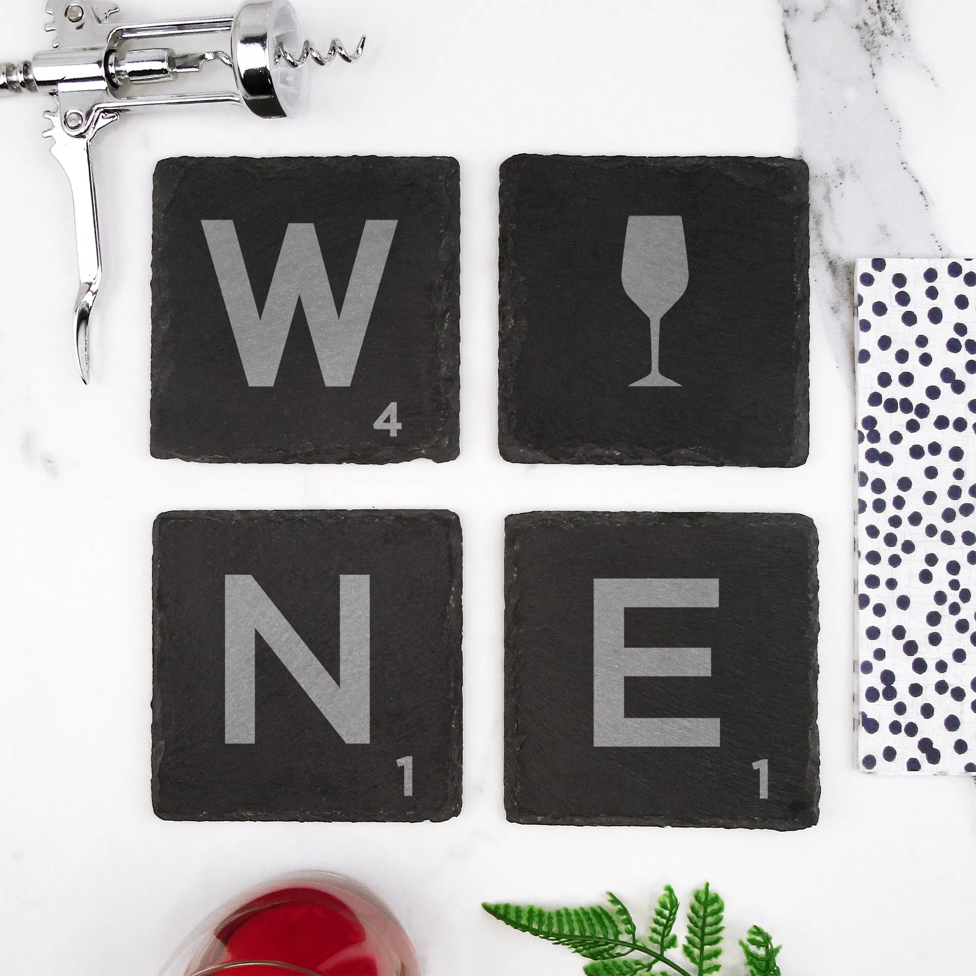 Set of 4 Square Slate "WINE" Scrabble Letter Tile Alphabet Drinks Coasters