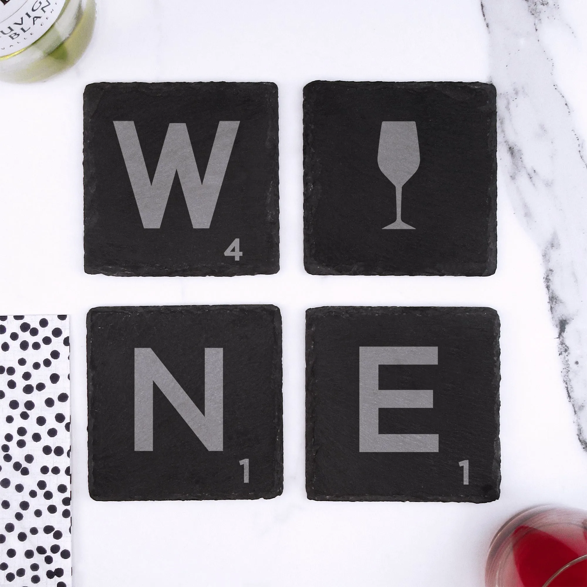 Set of 4 Square Slate "WINE" Scrabble Letter Tile Alphabet Drinks Coasters