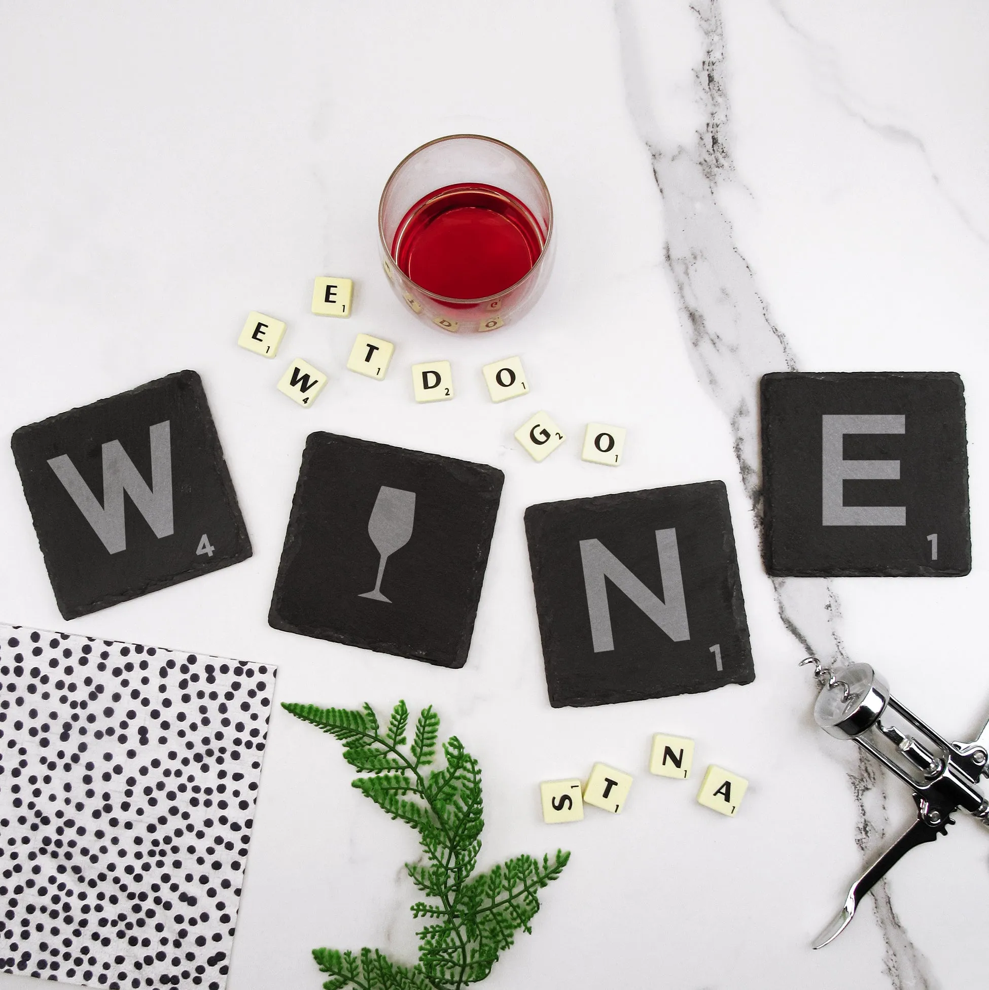 Set of 4 Square Slate "WINE" Scrabble Letter Tile Alphabet Drinks Coasters