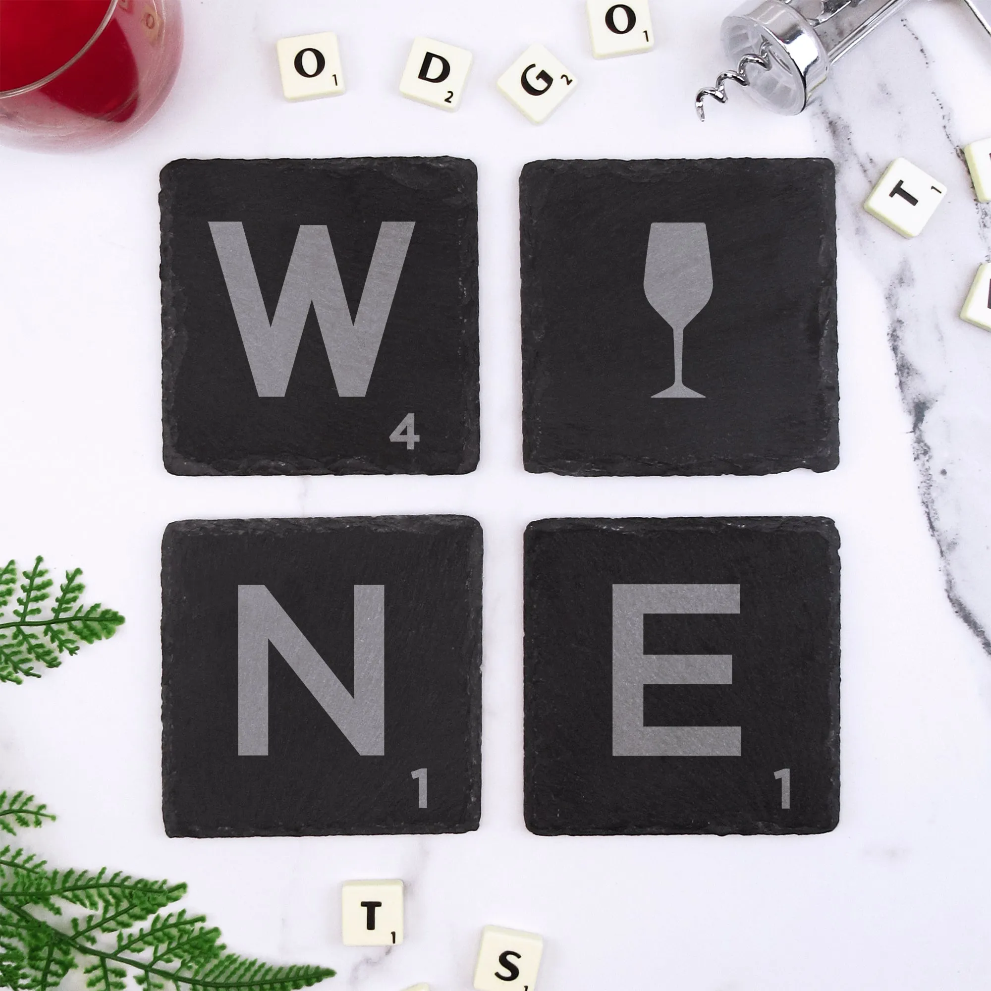 Set of 4 Square Slate "WINE" Scrabble Letter Tile Alphabet Drinks Coasters