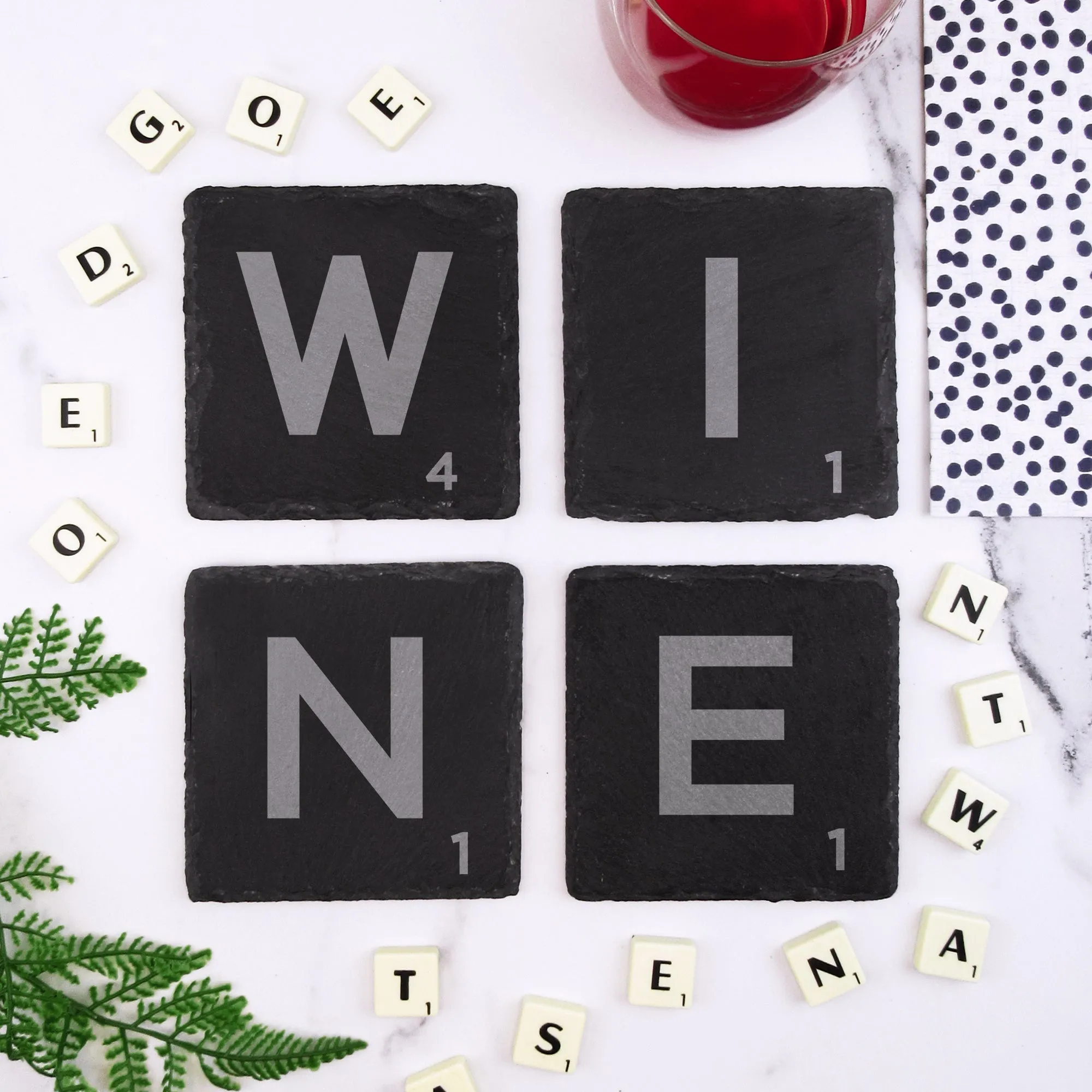 Set of 4 Square Slate "WINE" Scrabble Letter Tile Alphabet Drinks Coasters