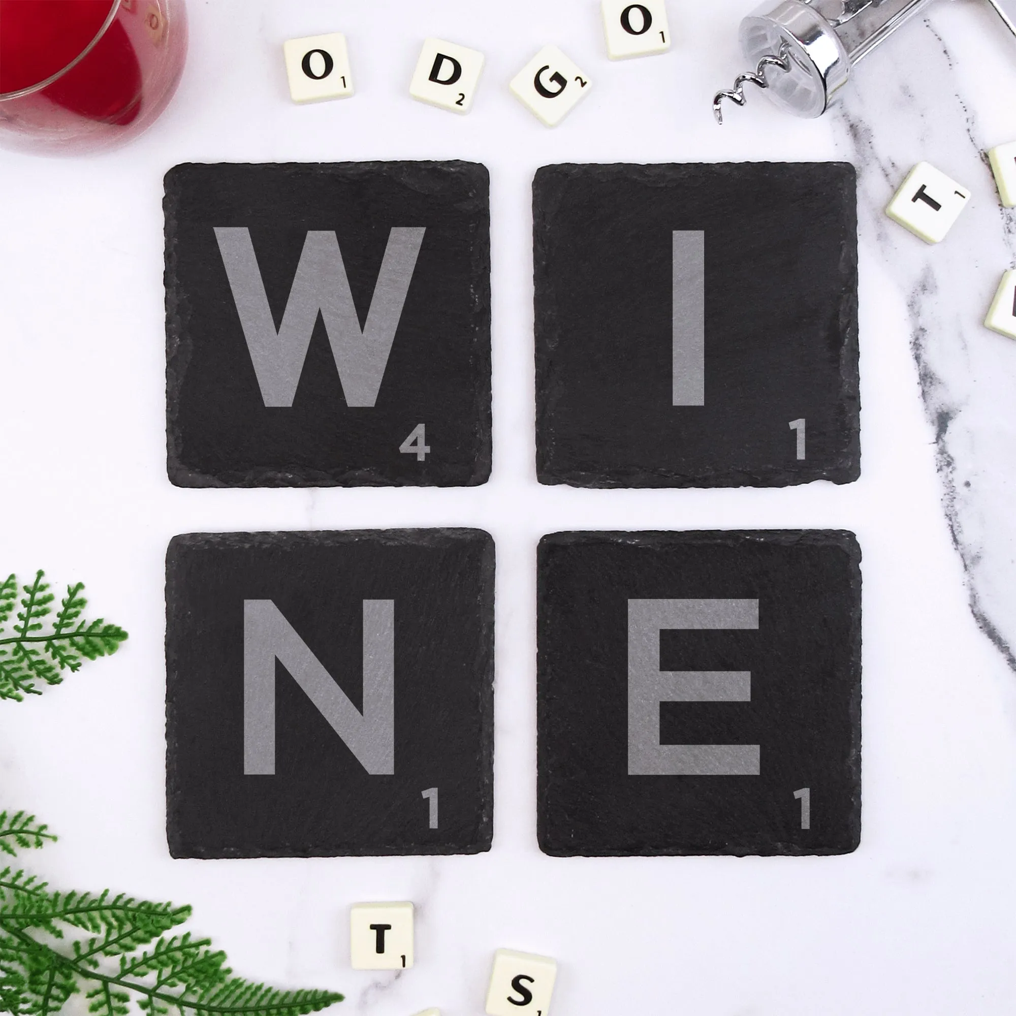 Set of 4 Square Slate "WINE" Scrabble Letter Tile Alphabet Drinks Coasters