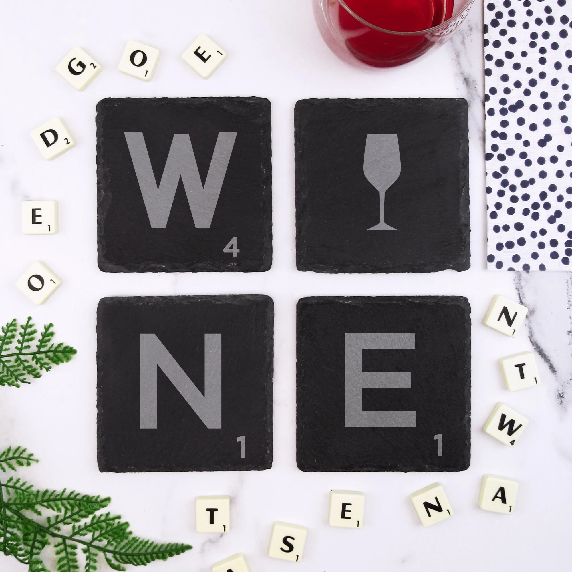 Set of 4 Square Slate "WINE" Scrabble Letter Tile Alphabet Drinks Coasters