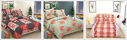 Shivaan Home Furnishing Glace Cotton Double 3 Bedsheet with 6 Pillow Covers, Size 90 by 90 Printed Multicolour Combo of 3 Set (1 2)