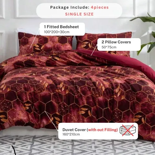 Single Size 4 pieces, Maroon Marble Design Duvet cover set.