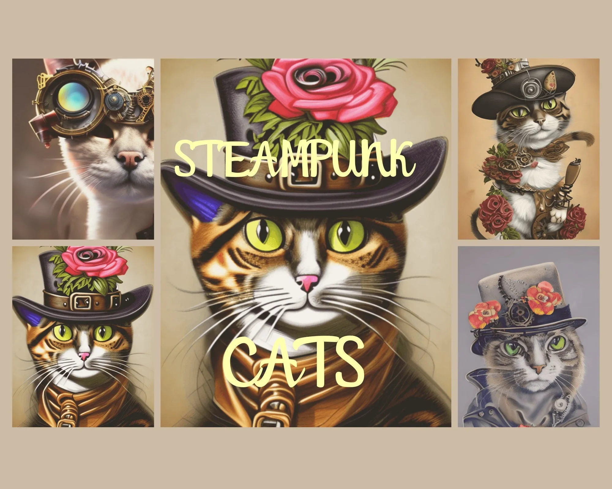 Steampunk Cat art - steampunk wall art prints  , steampunk print ,cat art poster , Edgy Wall Decor, AI Generated Art