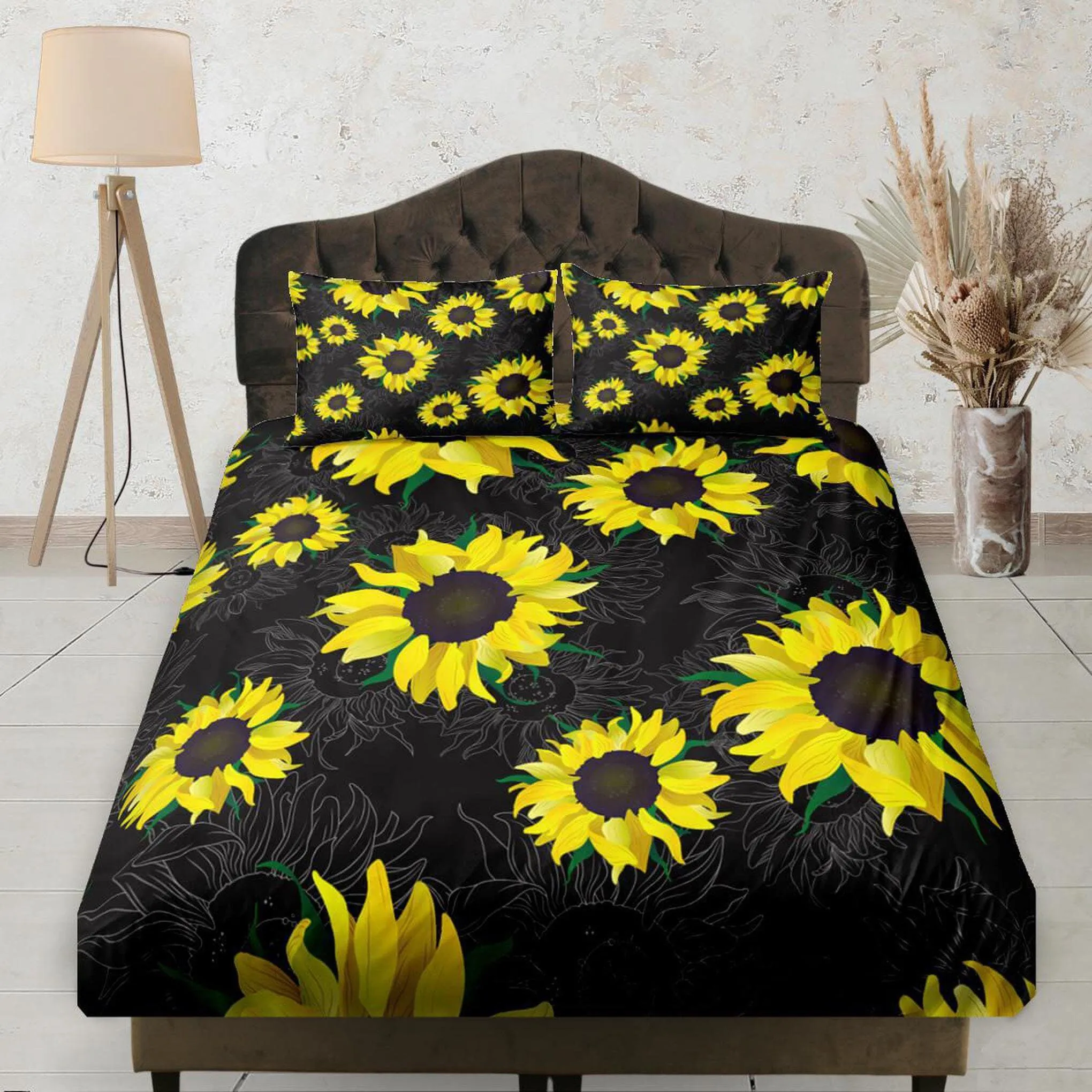 Sunflower Black Bedding, Fitted Sheet Deep Pocket, Floral Prints, Aesthetic Boho Bedding Set, Dorm Bedding, Crib Sheet, King, Queen, Double