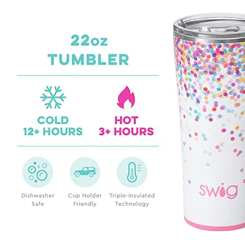 Swig Life 22oz Tumbler, Insulated Coffee Tumbler with Lid, Cup Holder Friendly, Dishwasher Safe, Stainless Steel, Large Travel Mugs Insulated for Hot and Cold Drinks (Confetti)