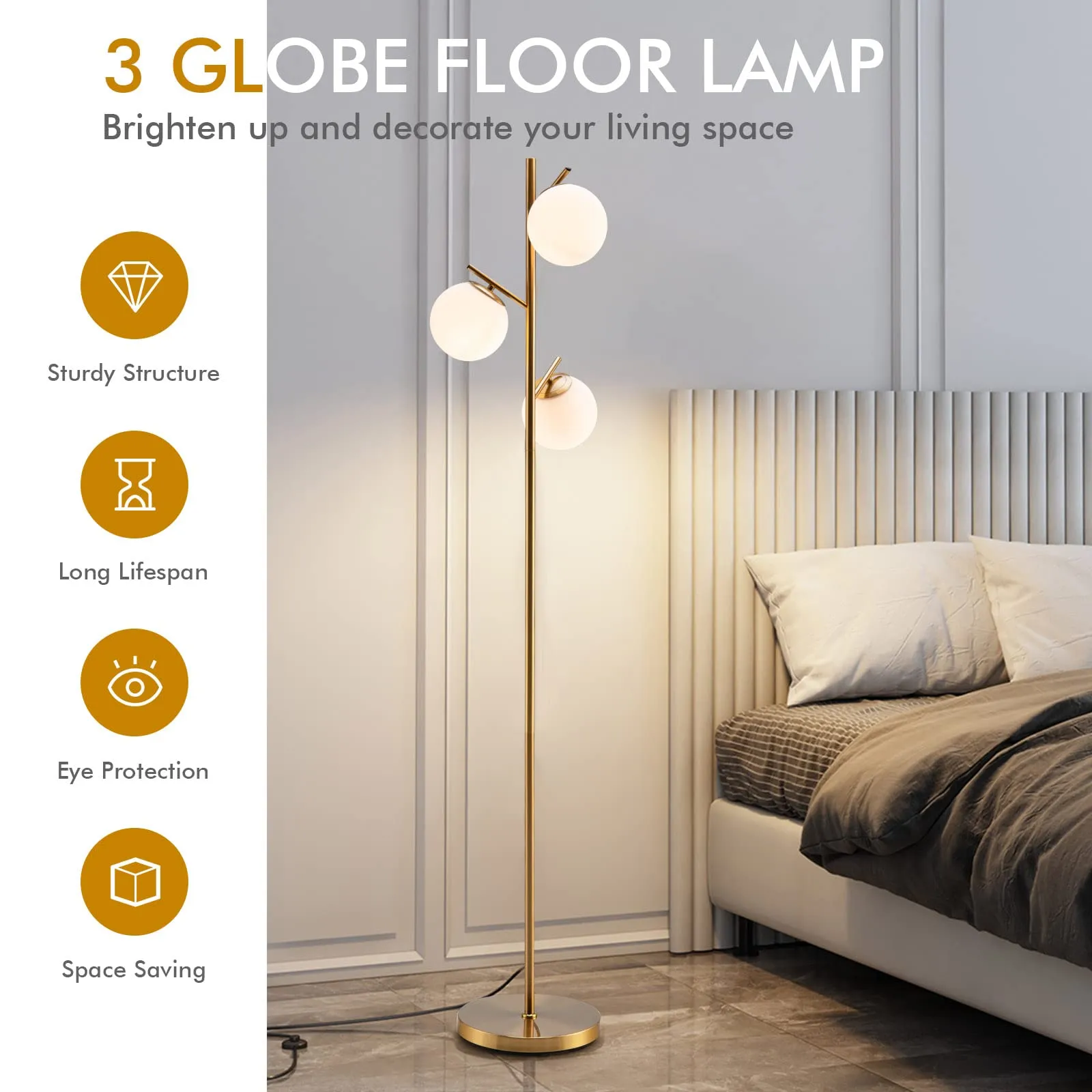 Tangkula 3-Globe Floor Lamp, Modern Freestanding Lamp