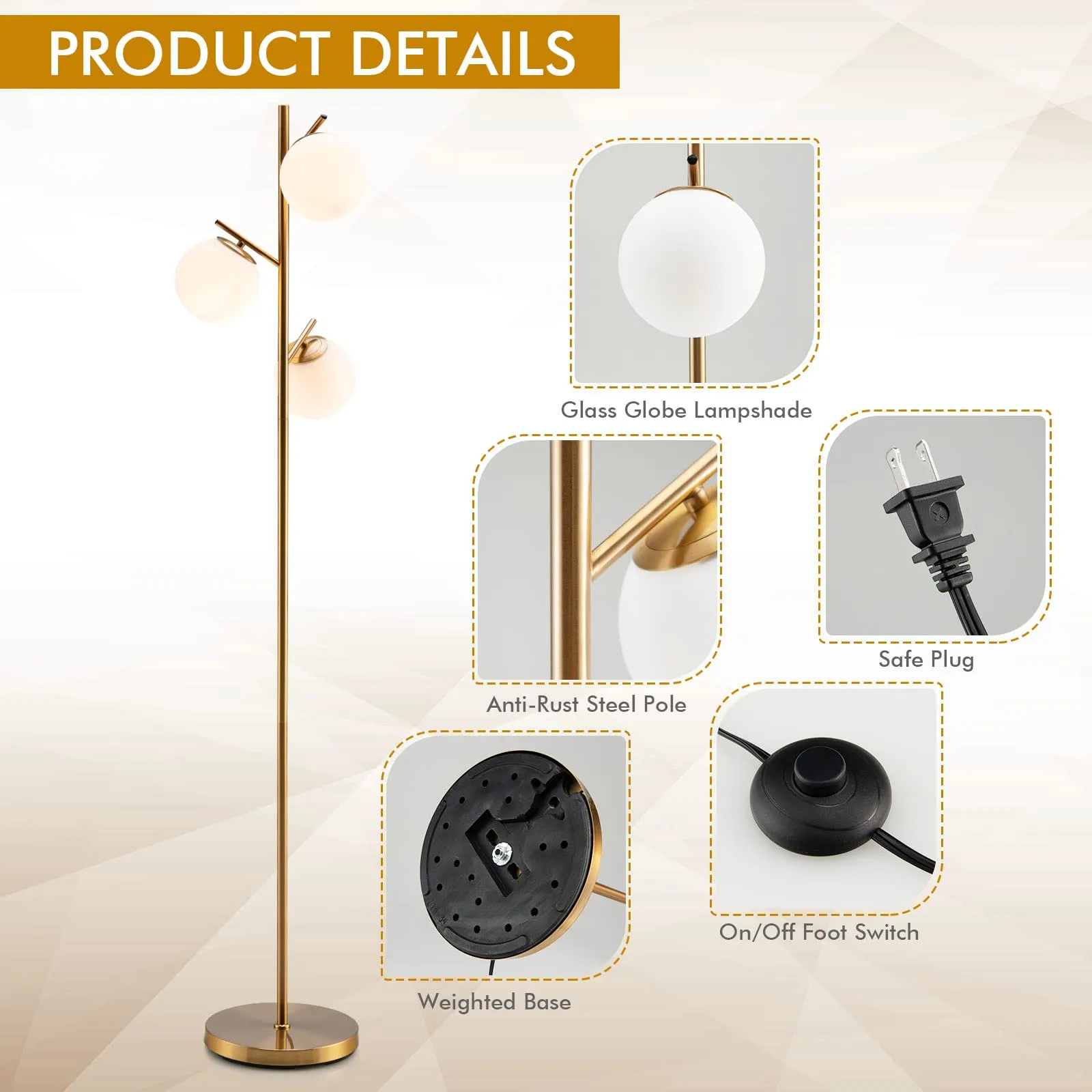 Tangkula 3-Globe Floor Lamp, Modern Freestanding Lamp