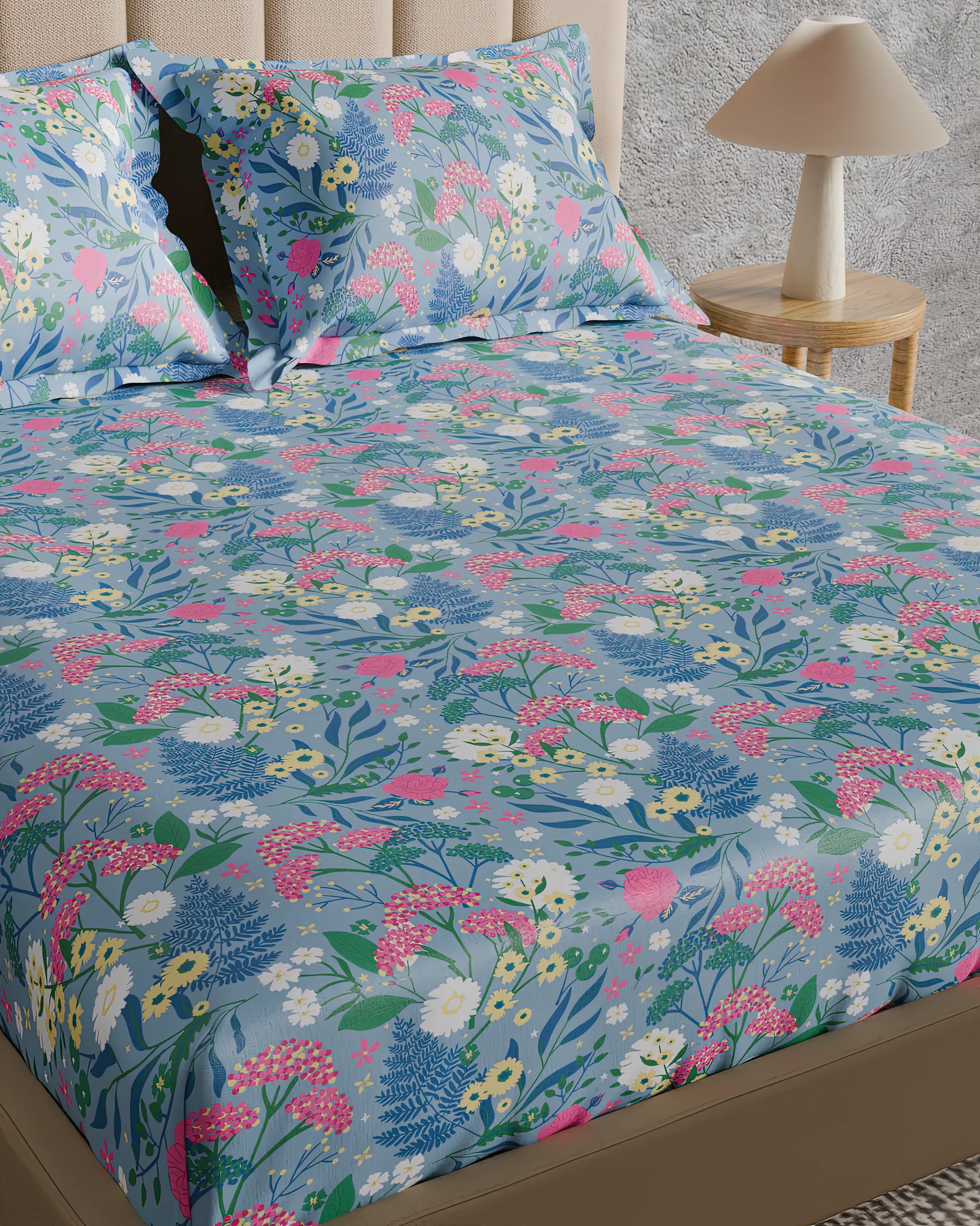 Terrace Farm Violet Blue  Double Bedsheet with 2 pillow covers