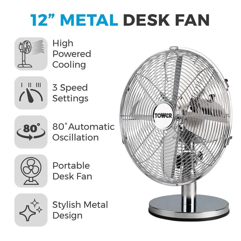 Tower Metal Desk Fan 12"  - Chrome