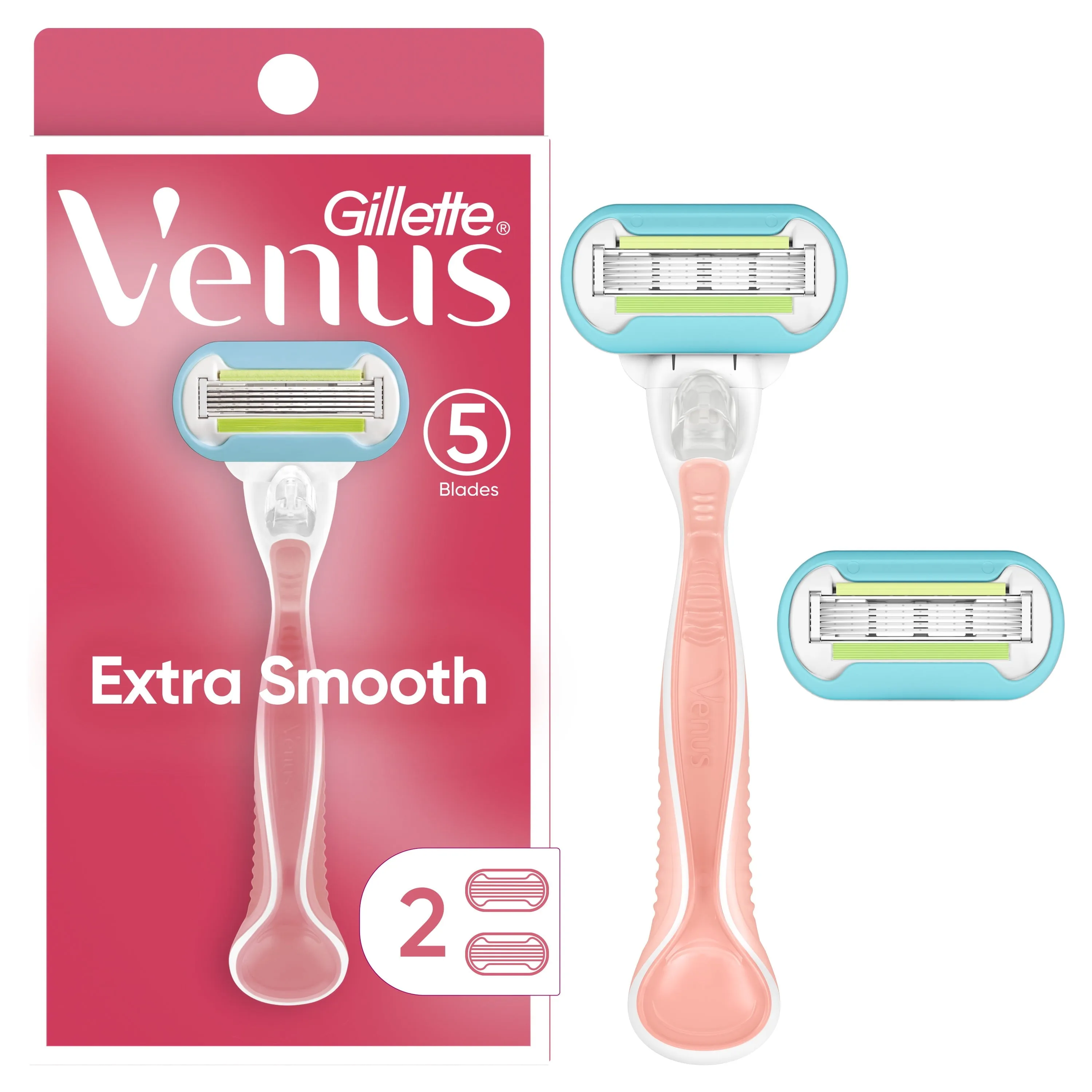 Venus Extra Smooth Pink Women's Razor Handle   2 Blade Refills