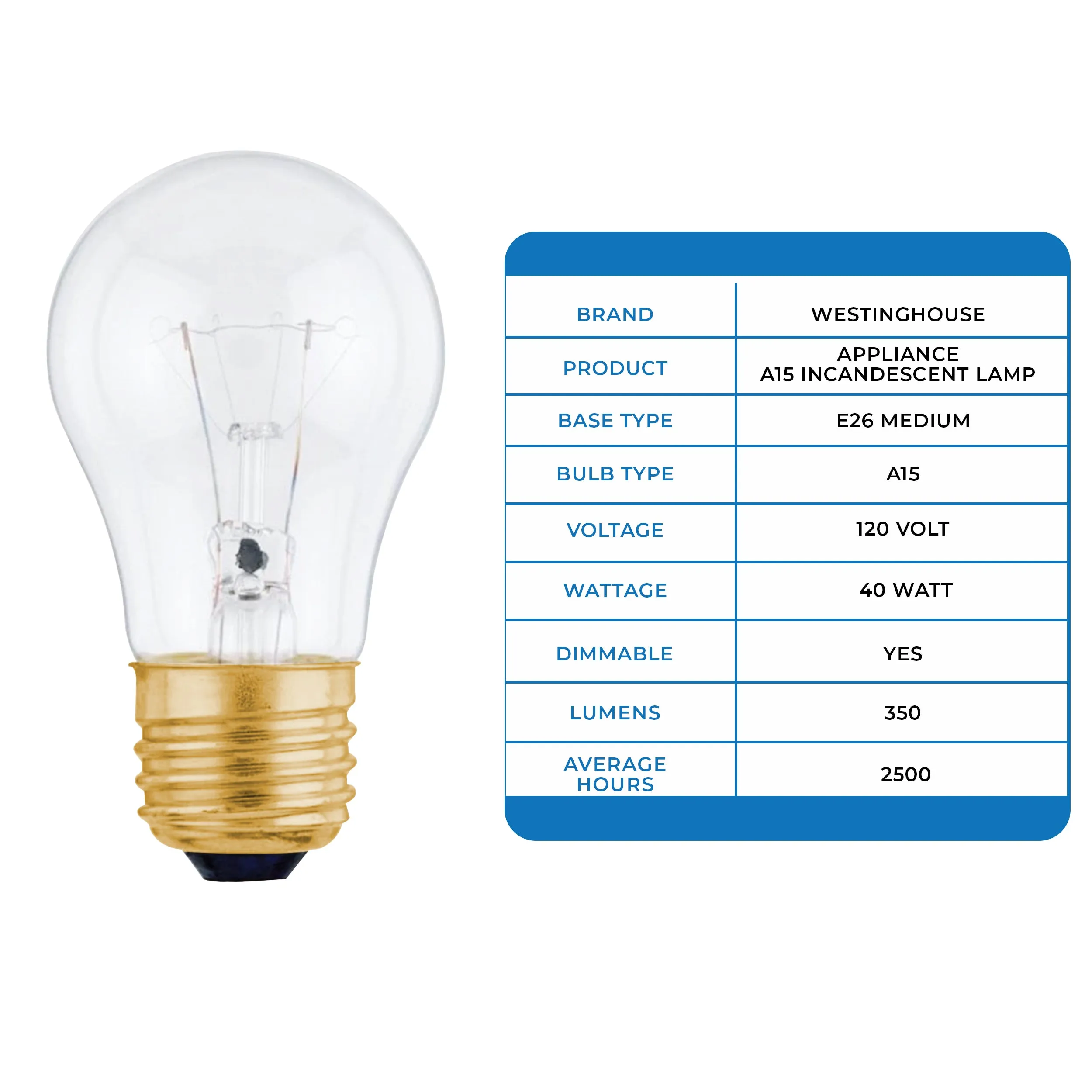 Westinghouse 0400100 40 Watt Incandescent A15 Clear - 2700 Kelvin - Warm White - 350 Lumens - E26-Medium Base - 120 Volt - Card