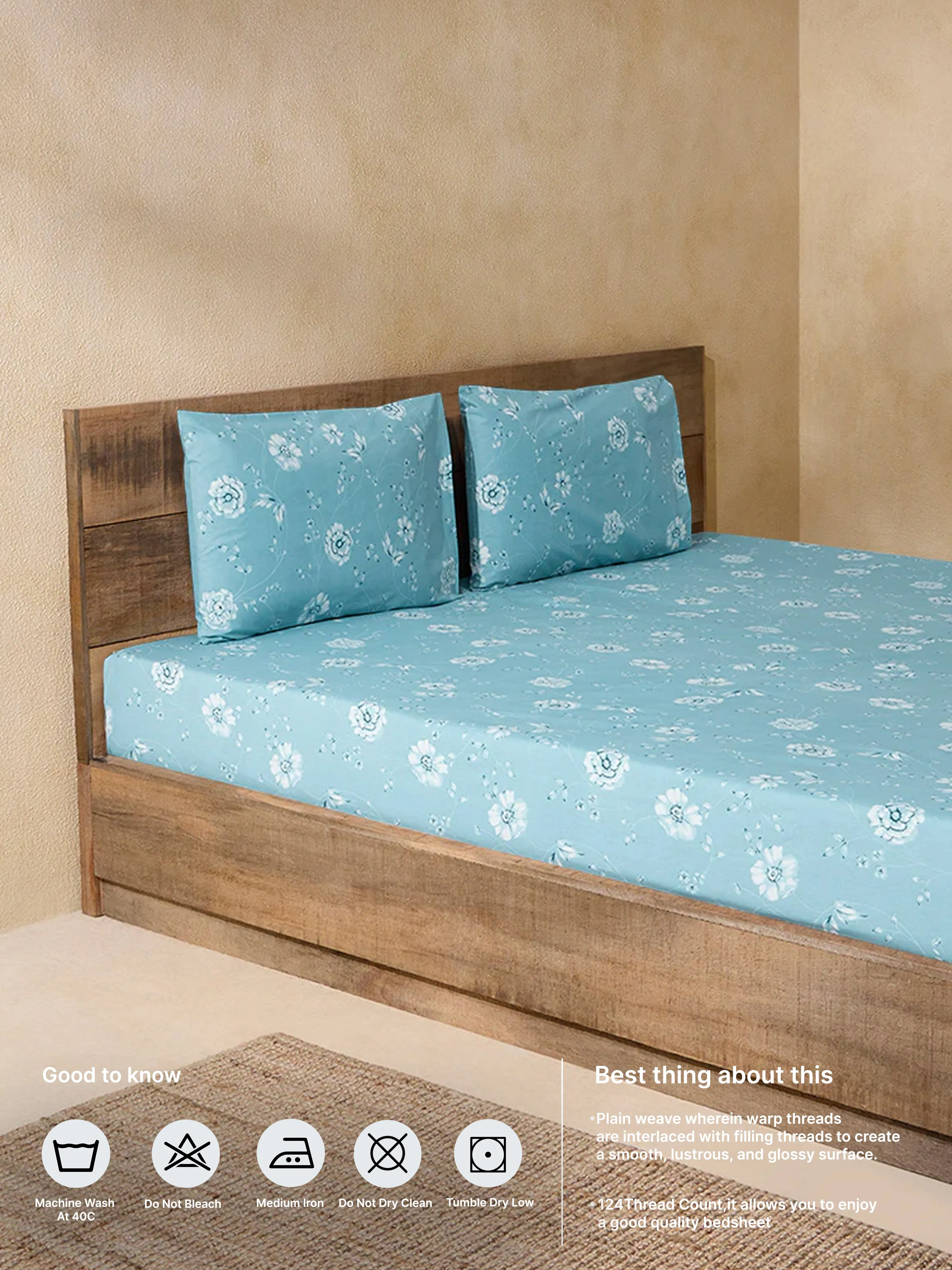 Westside Home Dusty Blue Botanical Print Double Bed Flat Sheet and Pillowcover Set