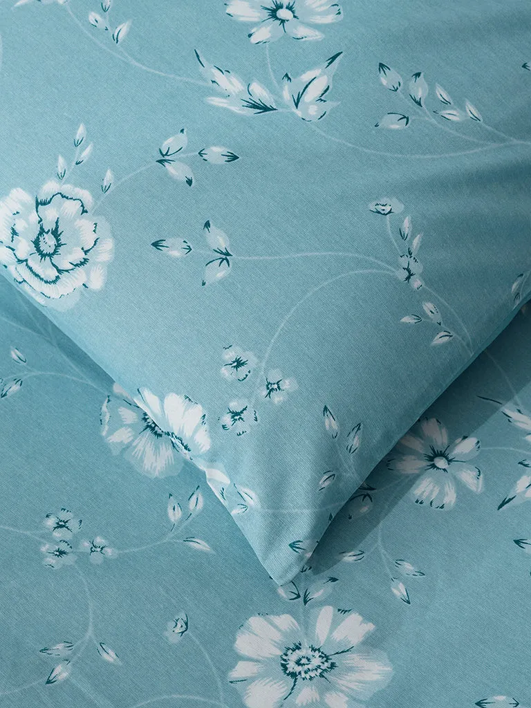 Westside Home Dusty Blue Botanical Print Double Bed Flat Sheet and Pillowcover Set