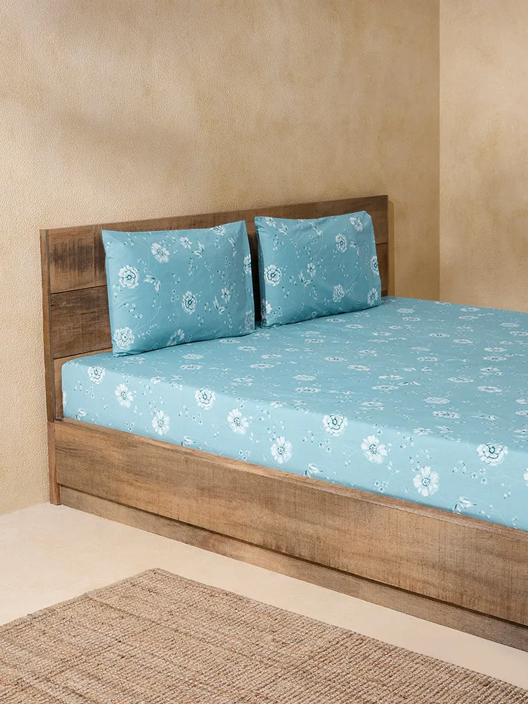 Westside Home Dusty Blue Botanical Print Double Bed Flat Sheet and Pillowcover Set