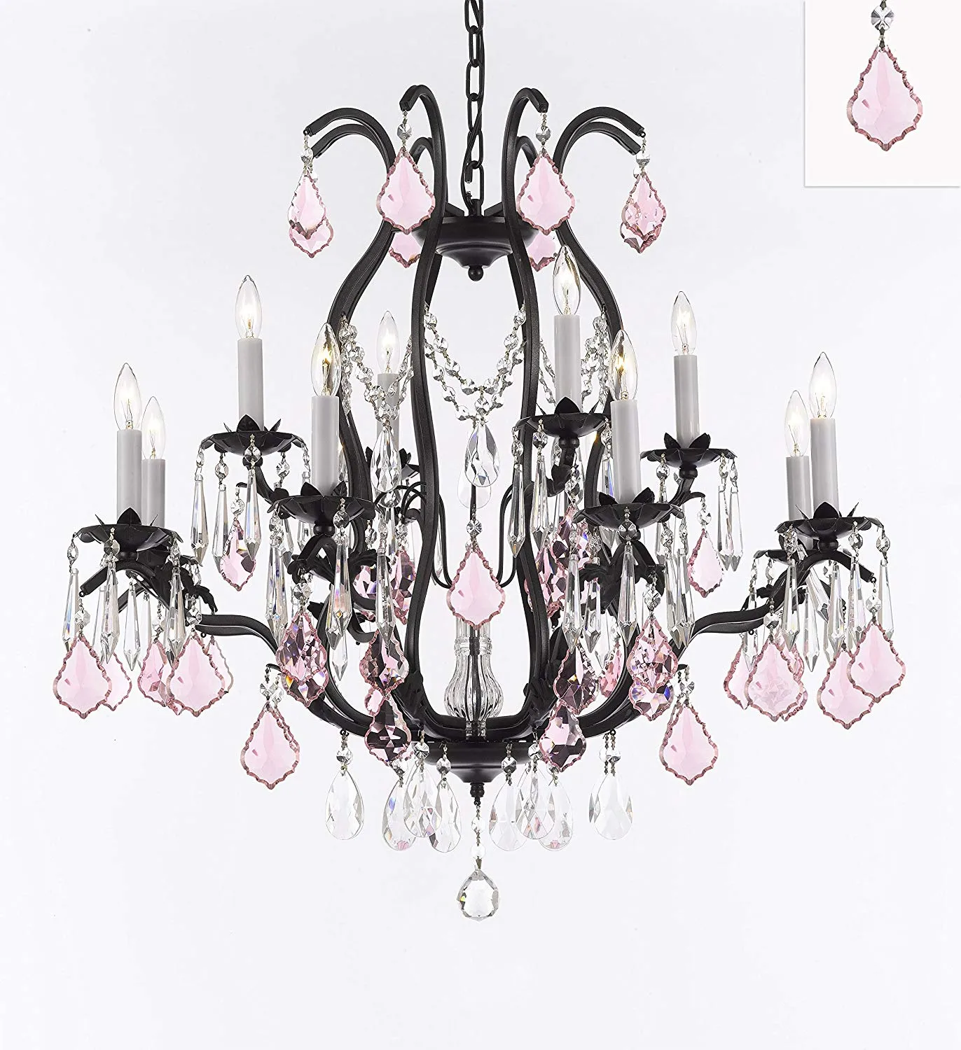 Wrought Iron Crystal Chandelier Lighting Chandeliers H30" x W28" Dressed with Swarovski Crystals and with Pink Crystals! Great for Bedroom, Kitchen, Dining Room, Living Room, and more! - F83-B110/3034/8 4SW